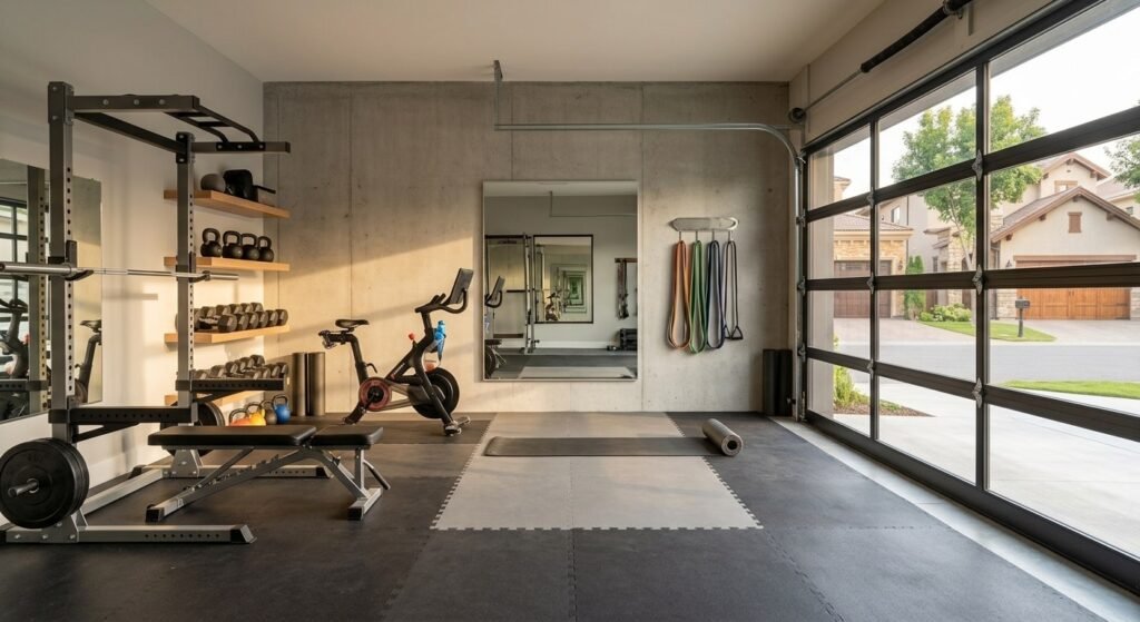 Garage with glass door converted into home gym workspace
