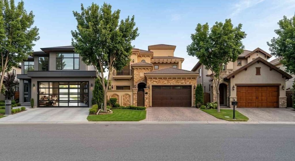Comparison of glass, steel, and wood garage doors on homes