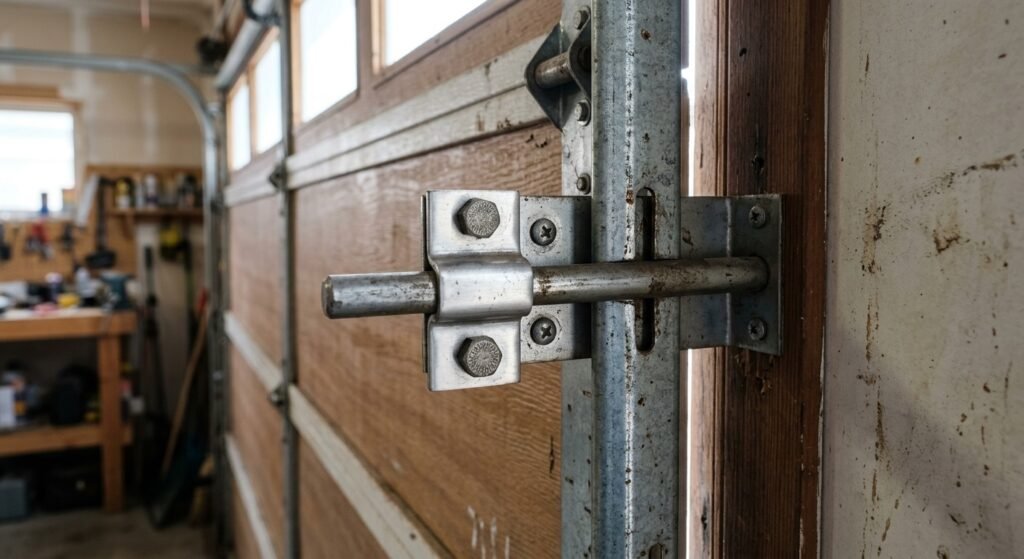 Close-up of a garage door slide lock engaging the door track