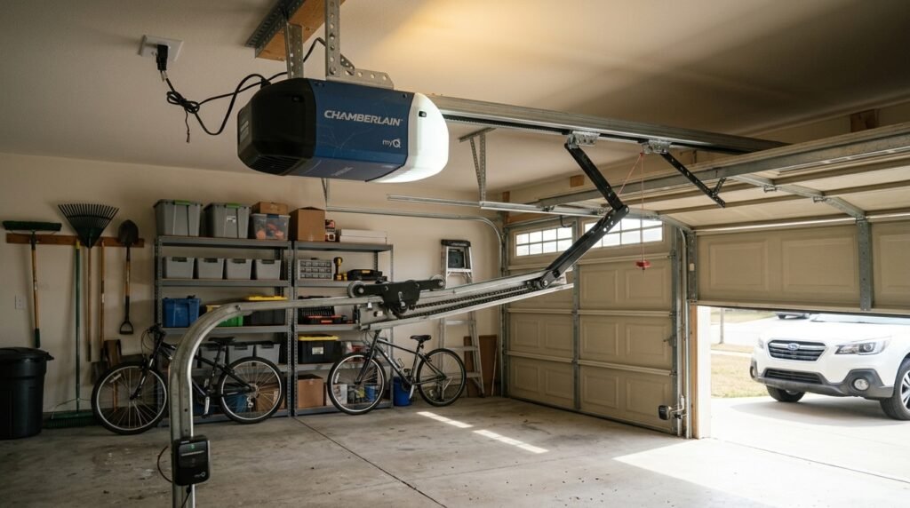 Garage door opener motor rail trolley and safety sensors