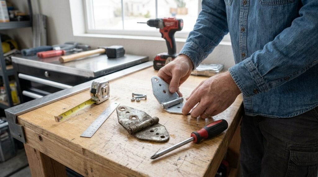 Homeowner comparing an old garage door hinge with a replacement hinge