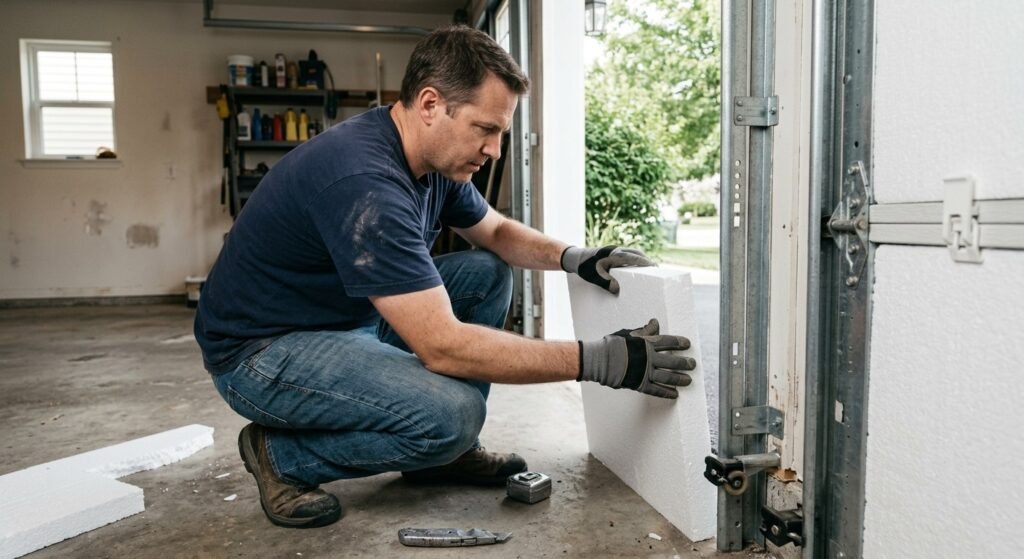 Homeowner installing an insulation panel inside a sectional garage door