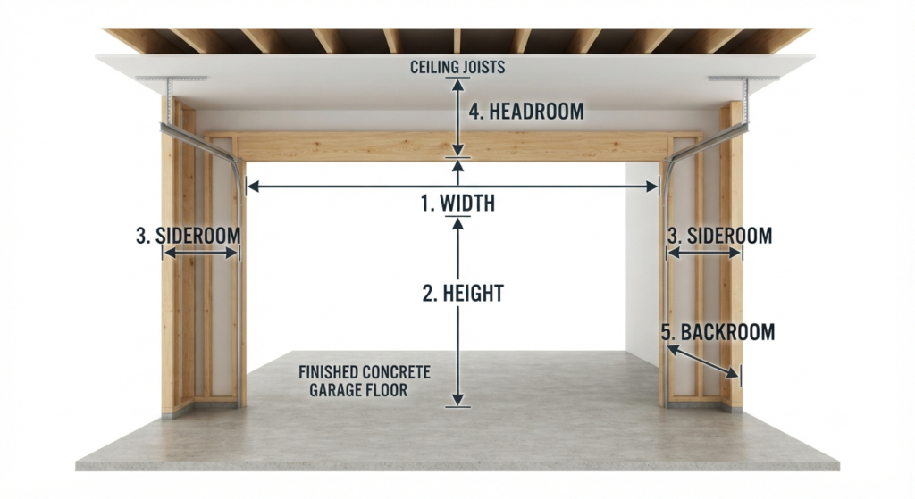 Five measurements for a garage door including width, height, sideroom, headroom, and backroom