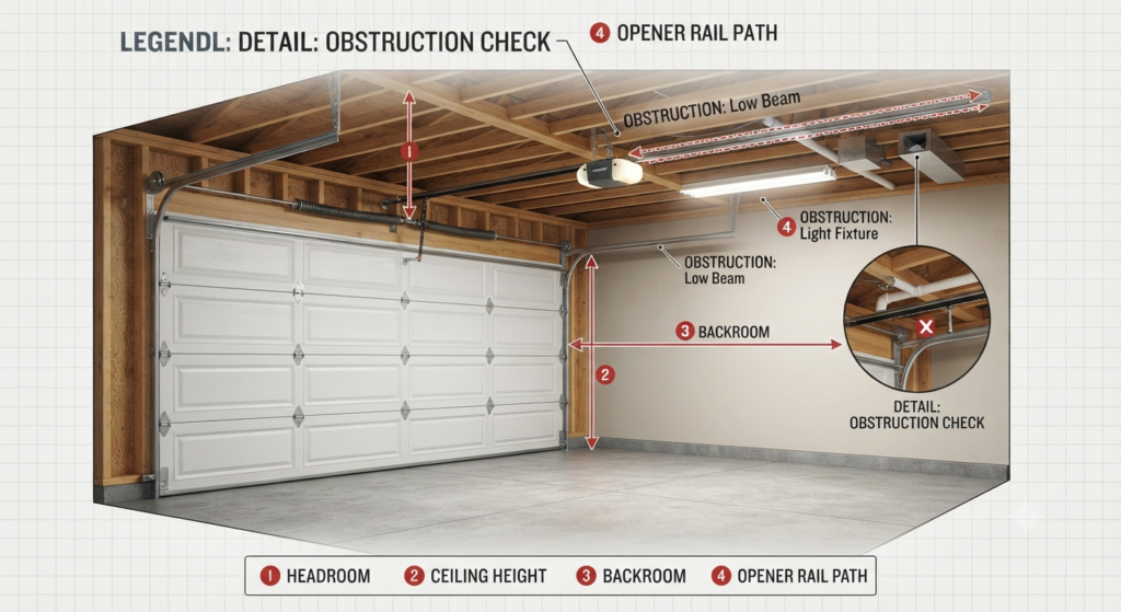 Diagram showing headroom ceiling height backroom and opener rail clearance