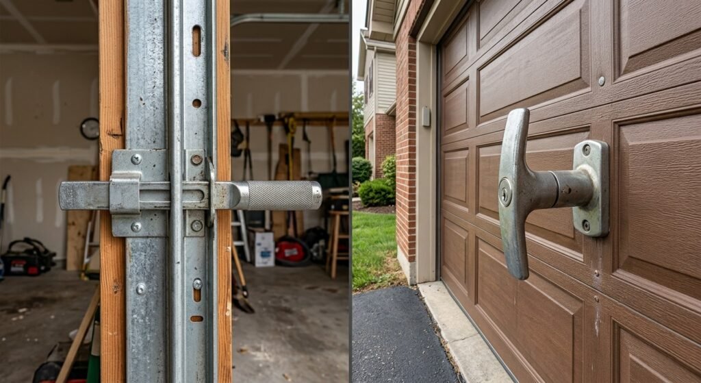 Interior slide lock and exterior T-handle lock on a garage door