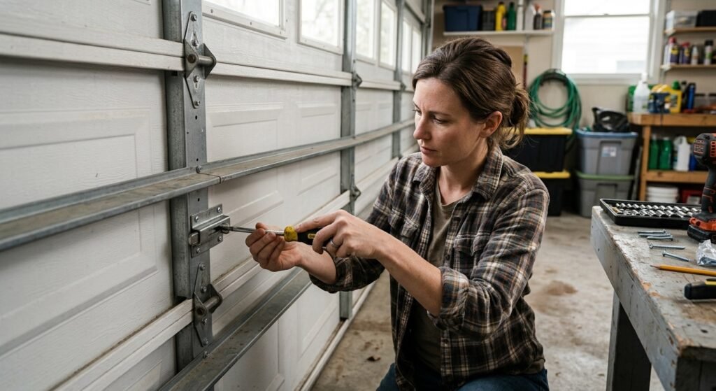 Homeowner installing a slide lock on a residential garage door