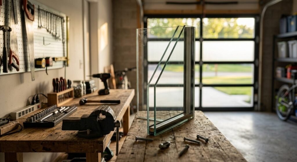 Insulated double-pane glass garage door panel cross section