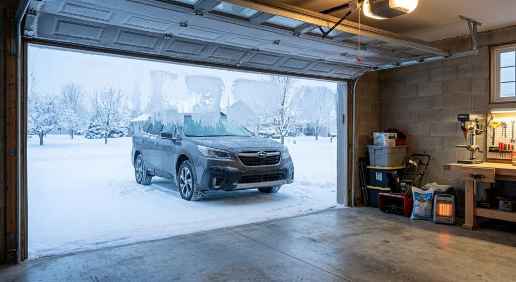 Insulated garage door helping reduce winter heat loss