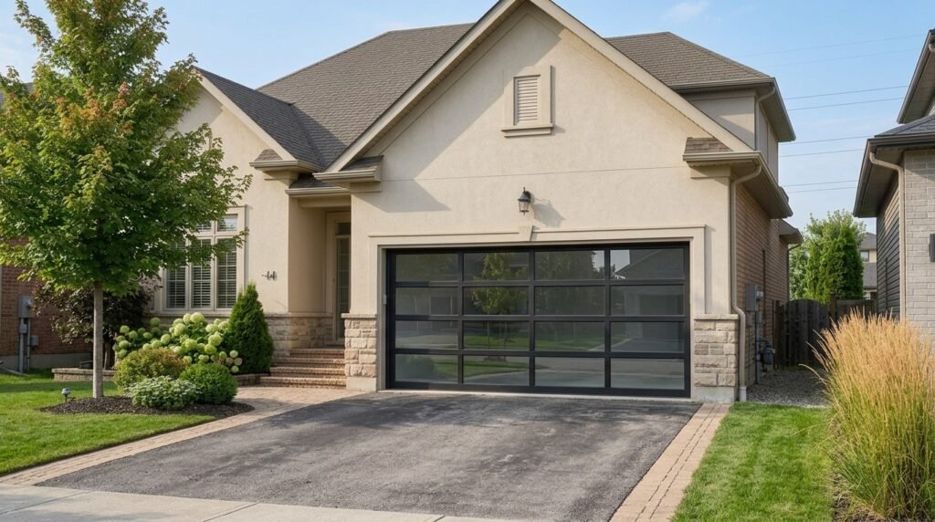 Modern aluminum garage door with glass panels