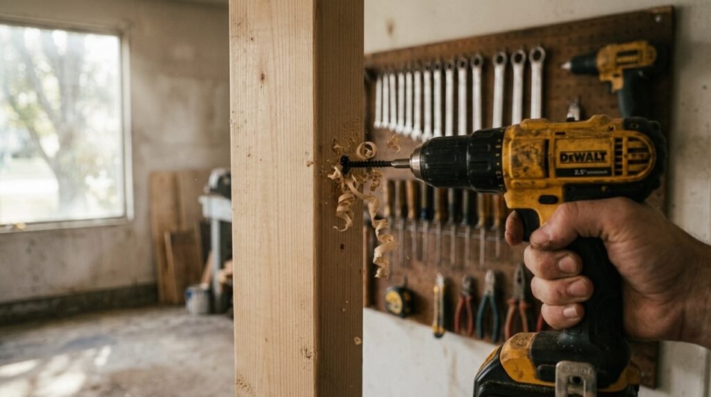 Drilling a mounting screw into a wall stud for tool wall storage installation