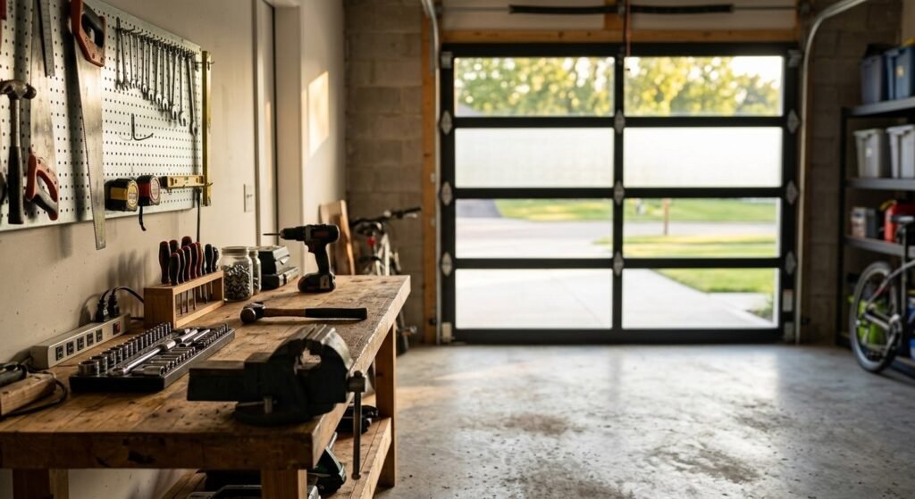 Natural light coming through glass garage door into workspace