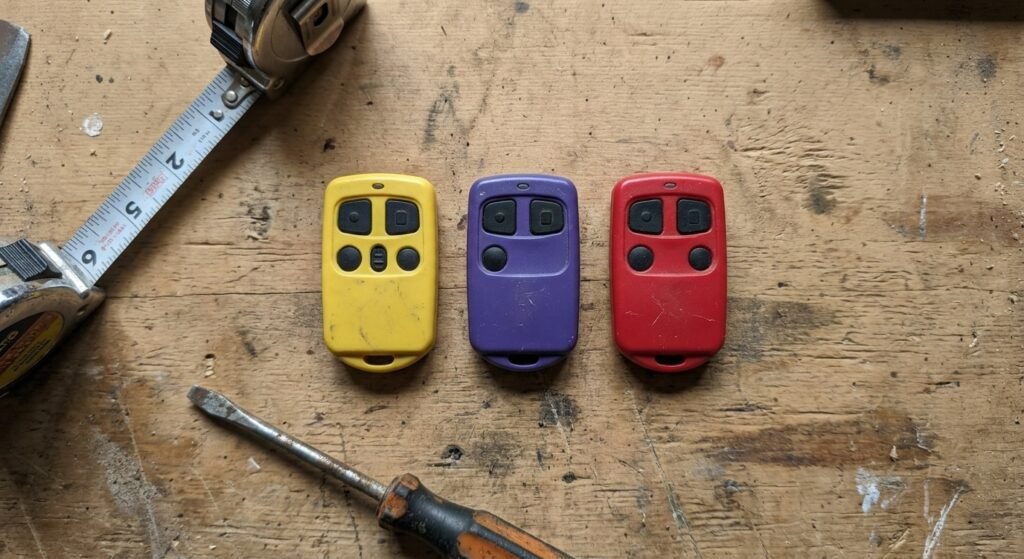 Comparison of garage door opener reset button colors across brands