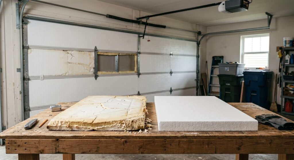Damaged garage door insulation panel beside a new replacement panel