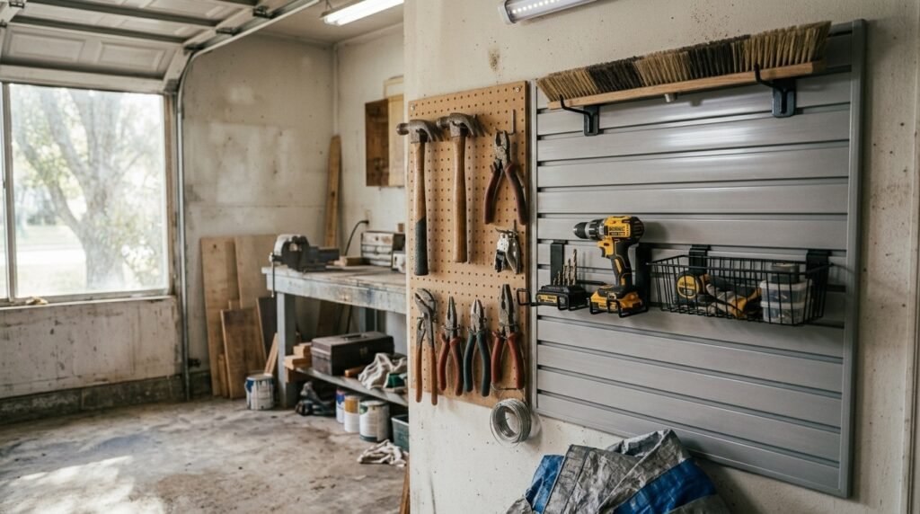 Slatwall panel system organizing tools and baskets in a garage