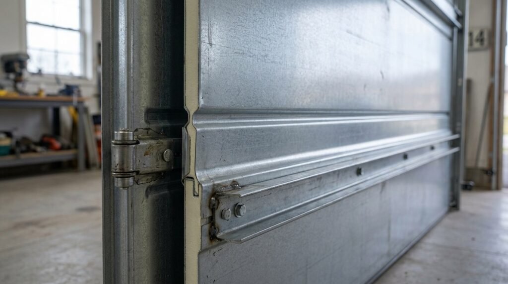 Steel garage door panel showing strong reinforced construction