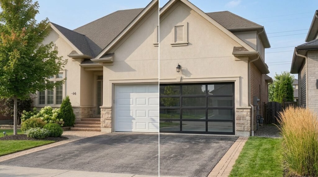 Steel and aluminum garage doors side by side
