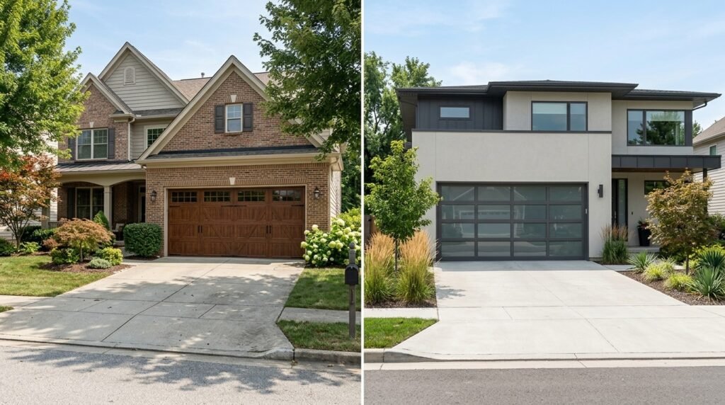 Traditional steel and modern aluminum garage door designs