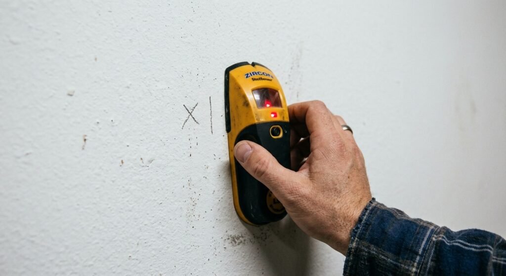 Using a stud finder to locate wall studs before installing tool wall storage