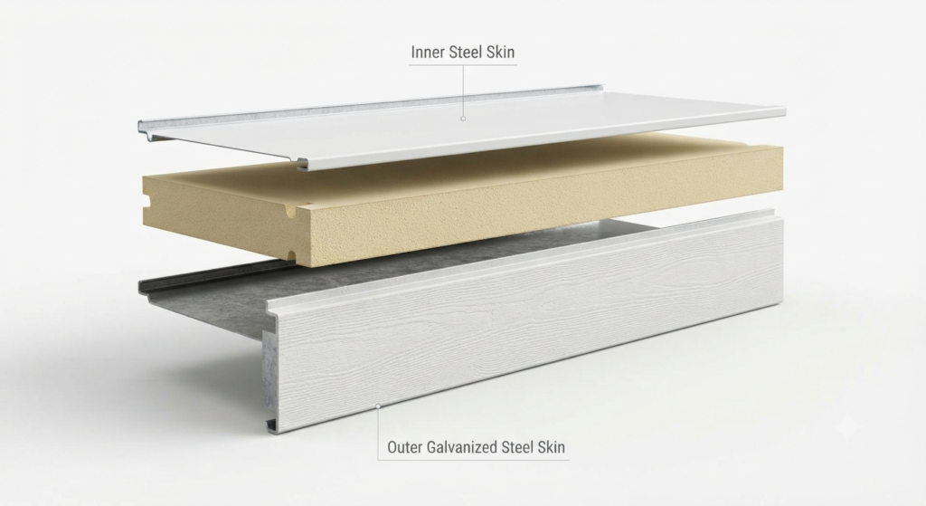 Three-layer construction of an insulated garage door