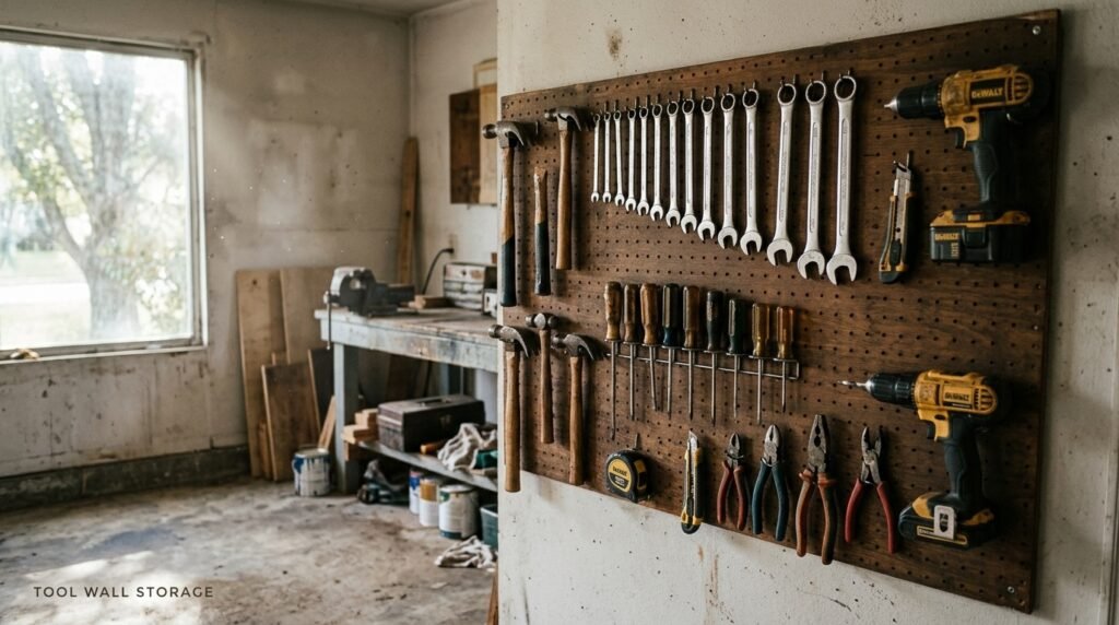 Tool wall storage setup with pegboard organizing hand tools in a home garage
