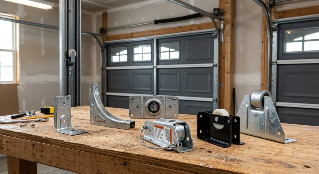 Different types of garage door brackets used on a residential sectional garage door