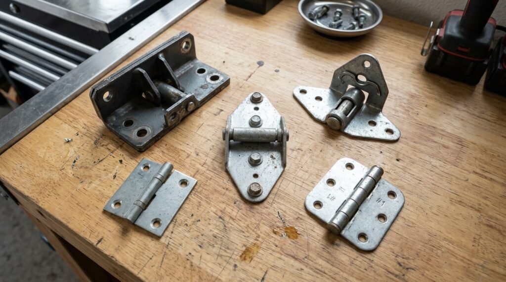 Different types of garage door hinges including center, end, numbered and heavy-duty hinges