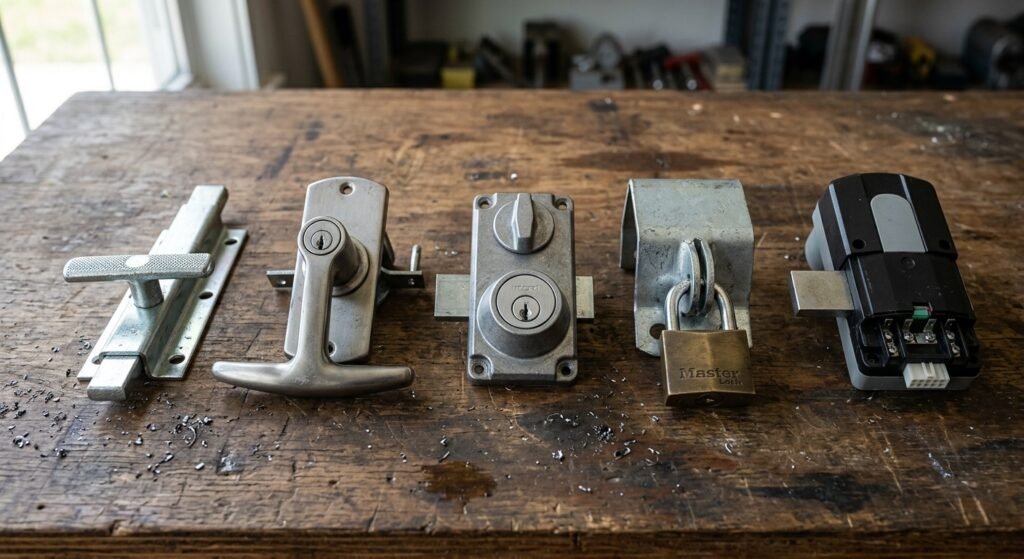 Different types of garage door locks including slide, T-handle, deadbolt, rail, and automatic locks