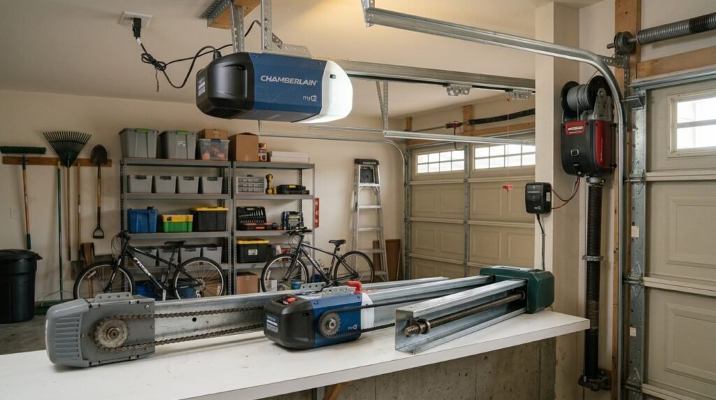 Different types of garage door openers including chain belt screw and wall mount