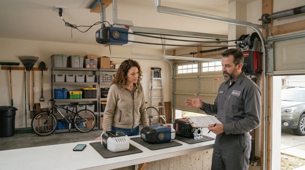 Homeowner comparing garage door opener options and installation costs