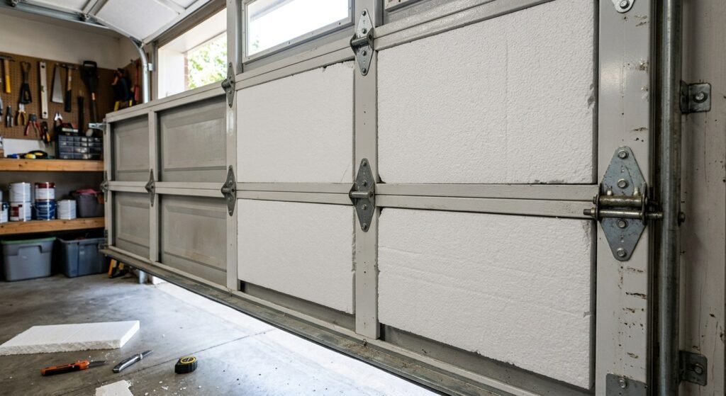 Insulation panels fitted inside recessed sections of a garage door