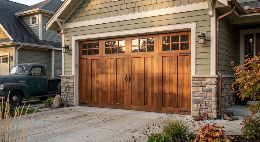 Natural wood garage door on a Craftsman-style American home