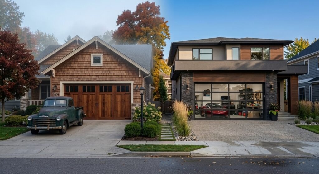 Side-by-side comparison of wood and glass garage doors