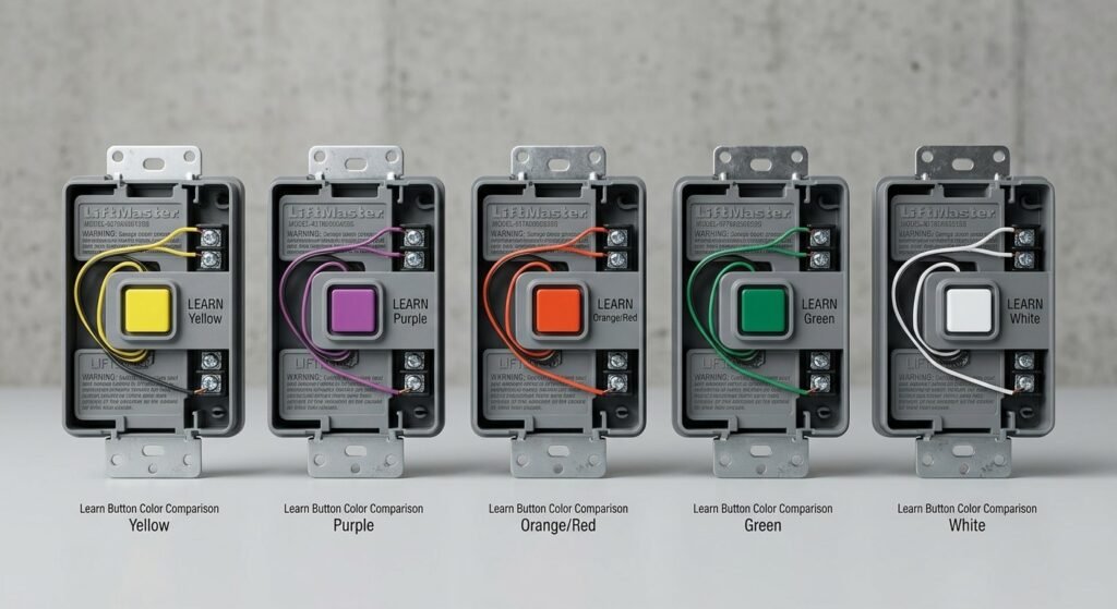 Different LiftMaster Learn button colors including yellow, purple, orange, green and white