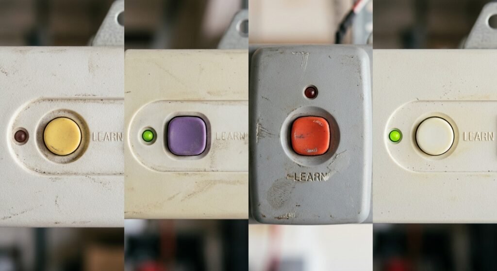 LiftMaster Learn button color comparison - yellow, purple, red-orange, and white