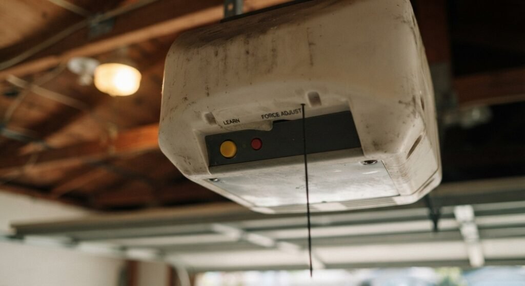 Close-up of LiftMaster Learn button and antenna wire on motor unit