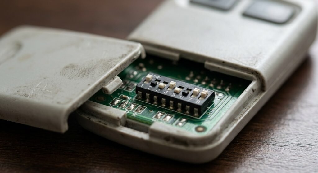DIP switches inside an old garage door opener remote used for programming without a Learn button