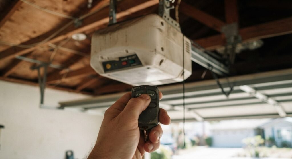Hand pressing button on LiftMaster remote to program garage door opener